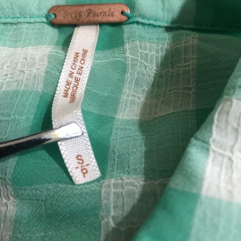 Free People green gingham sheer hi lo button up collared shirt